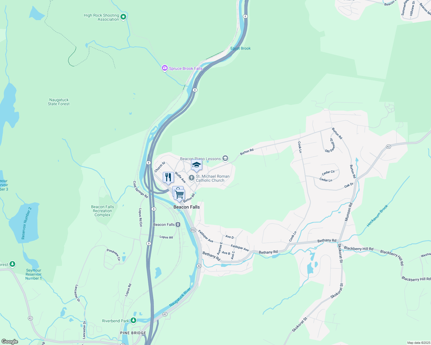 map of restaurants, bars, coffee shops, grocery stores, and more near 136 Burton Road in Beacon Falls