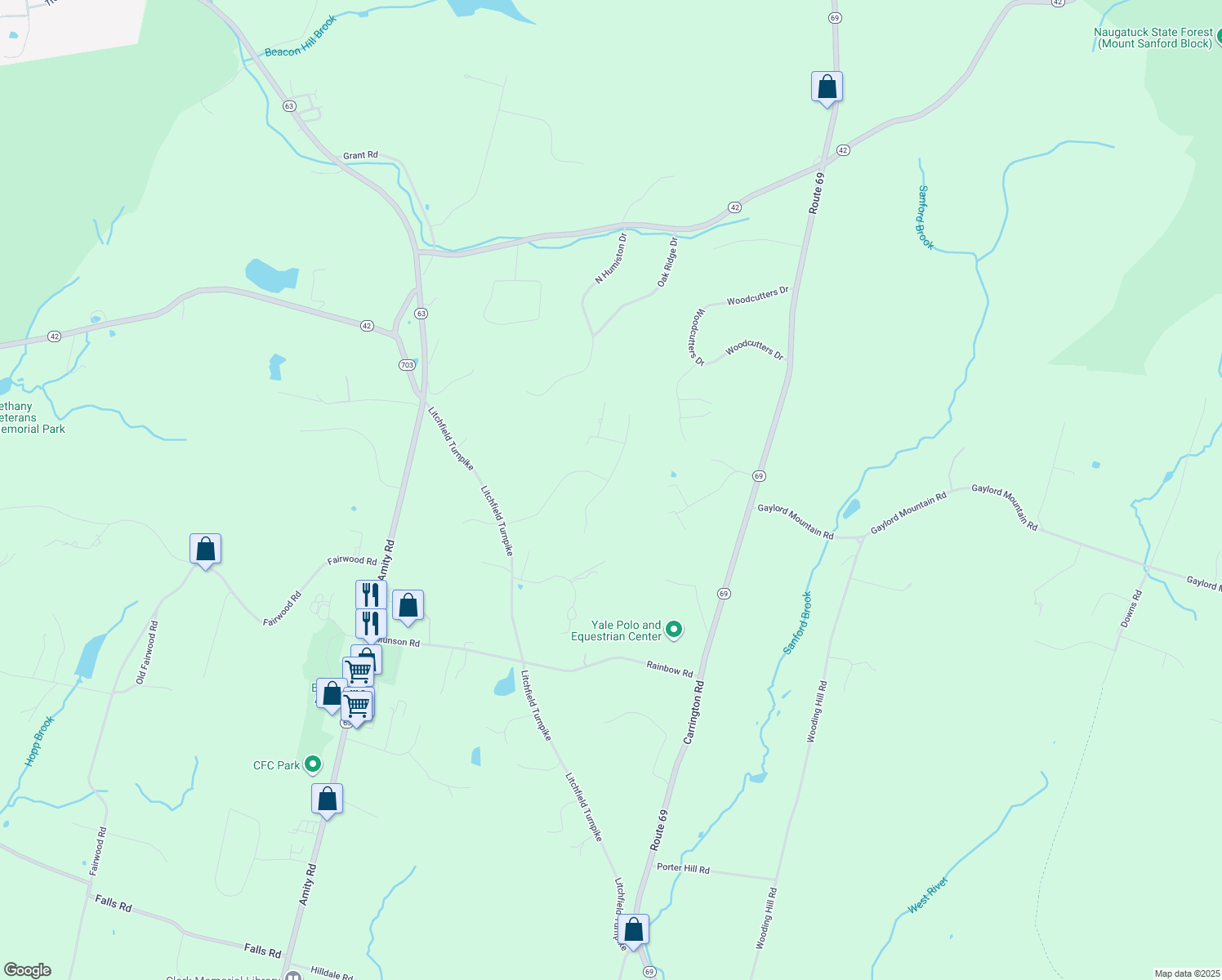 map of restaurants, bars, coffee shops, grocery stores, and more near 125 Humiston Drive in Bethany