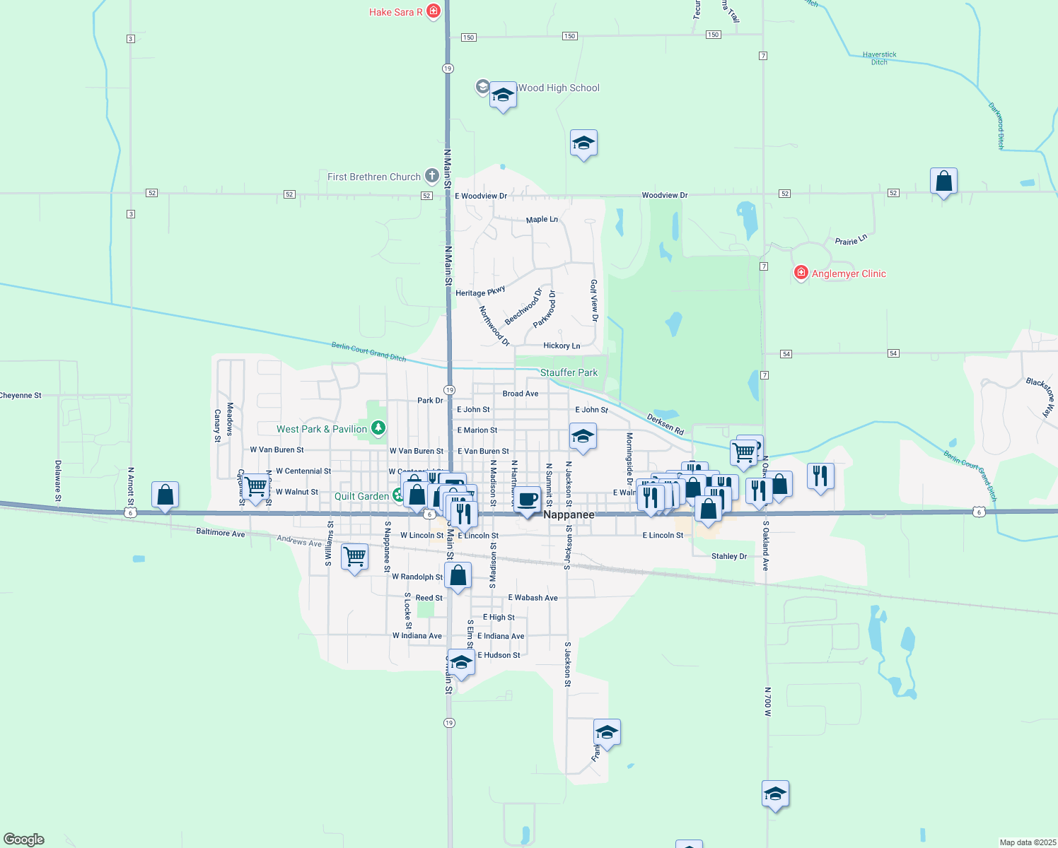 map of restaurants, bars, coffee shops, grocery stores, and more near 452 E Marion St in Nappanee