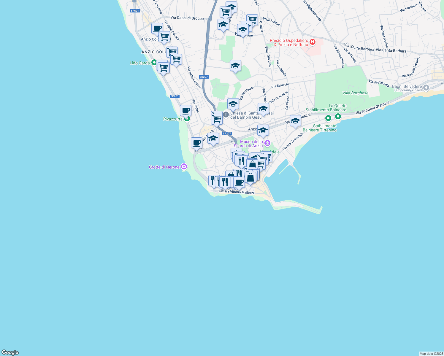 map of restaurants, bars, coffee shops, grocery stores, and more near 18 Via Luigi Mazza in Anzio