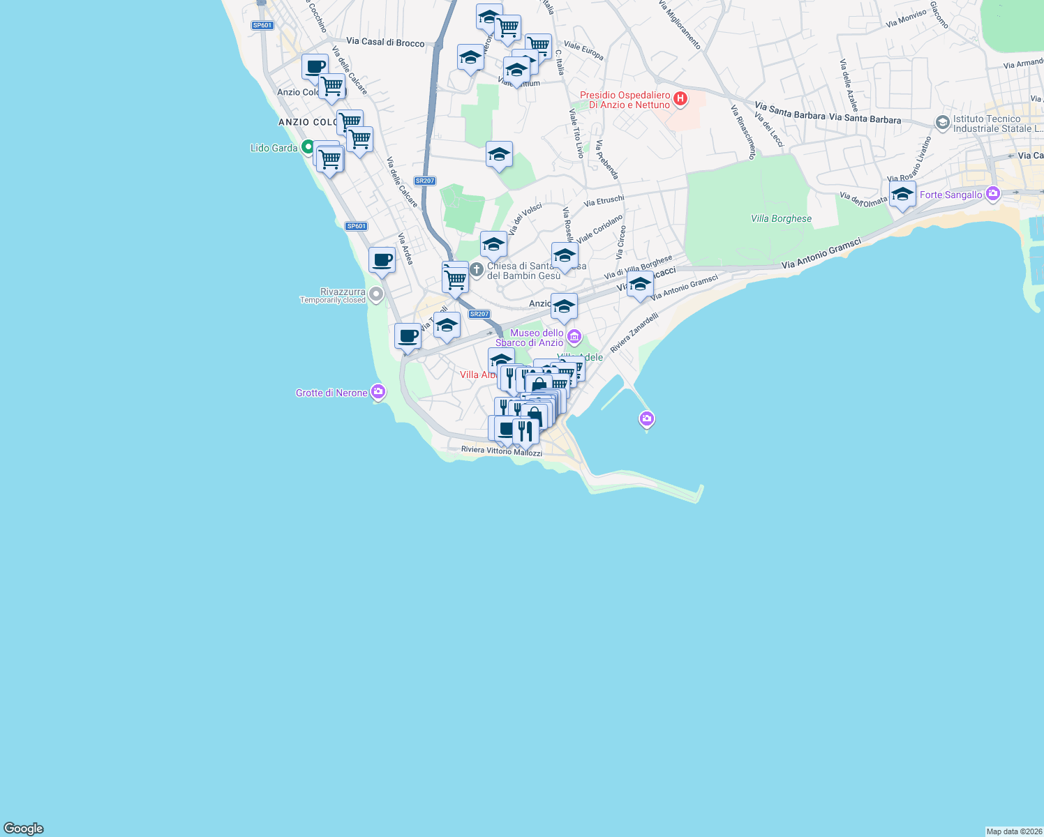 map of restaurants, bars, coffee shops, grocery stores, and more near 10 Via del Faro in Anzio