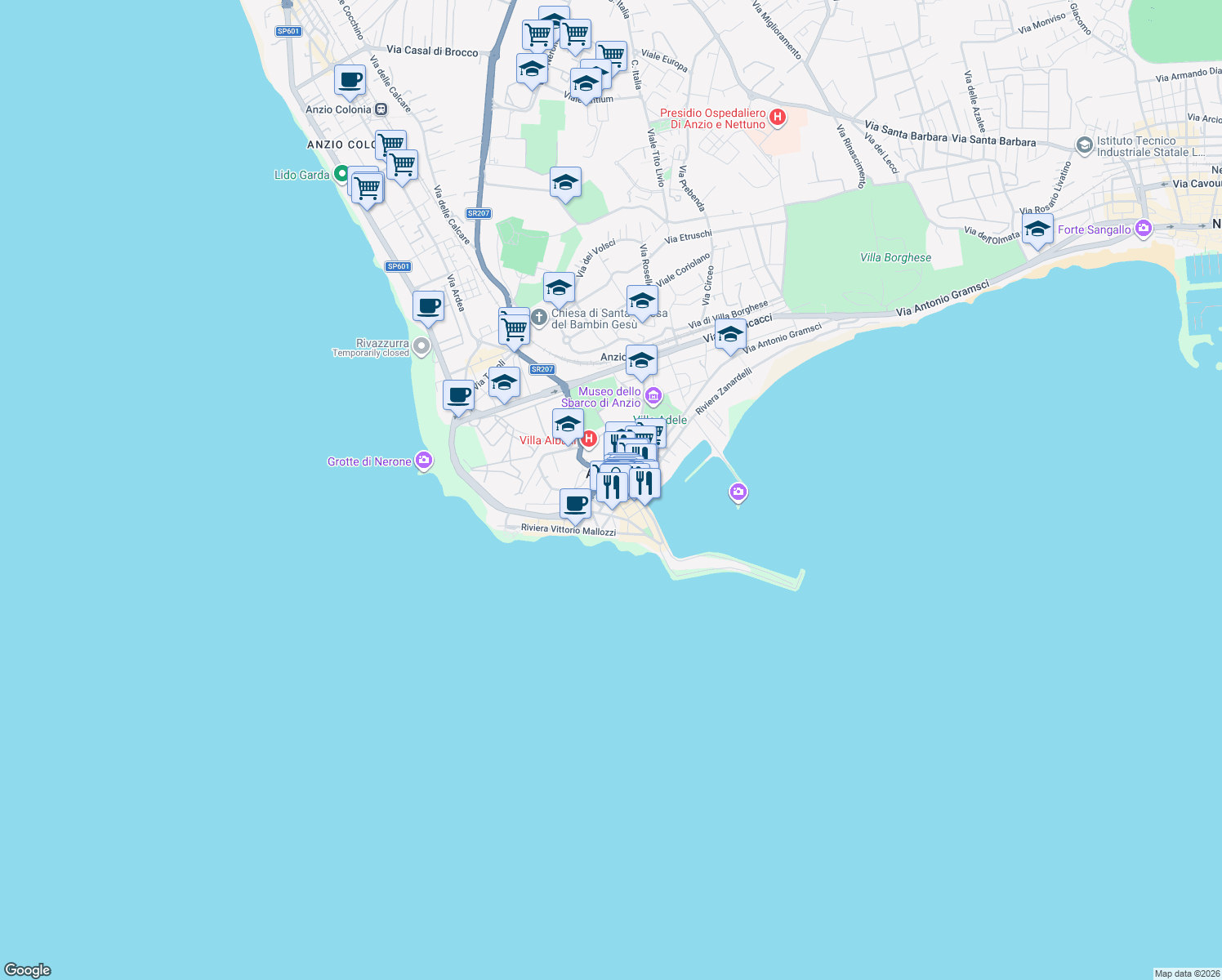 map of restaurants, bars, coffee shops, grocery stores, and more near 21 Via 20 Settembre in Anzio