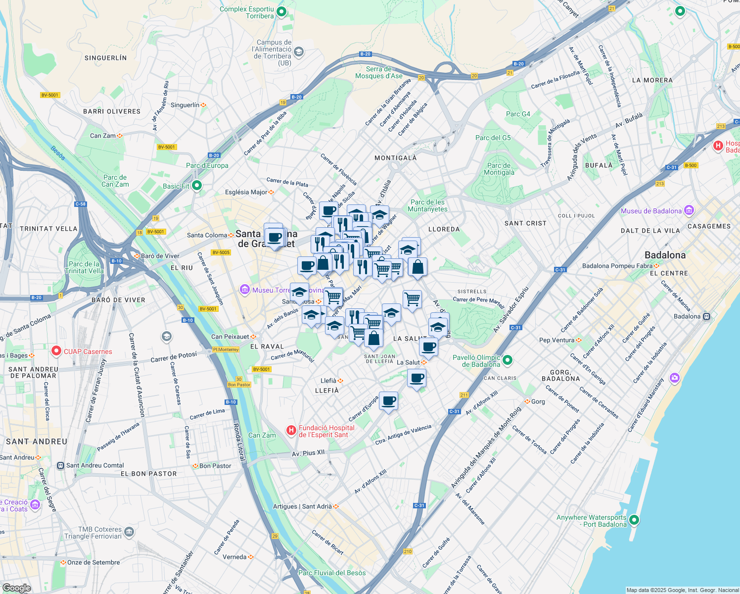 map of restaurants, bars, coffee shops, grocery stores, and more near 36 Carrer de Francesc Layret in Badalona