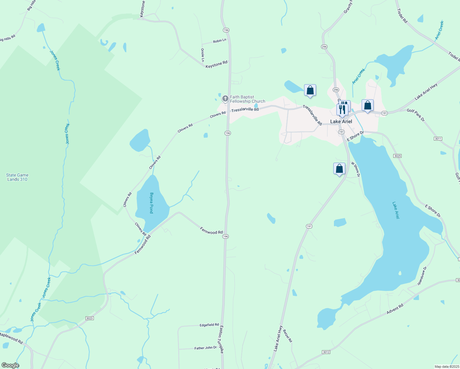 map of restaurants, bars, coffee shops, grocery stores, and more near 1288 Easton Turnpike in Wayne County