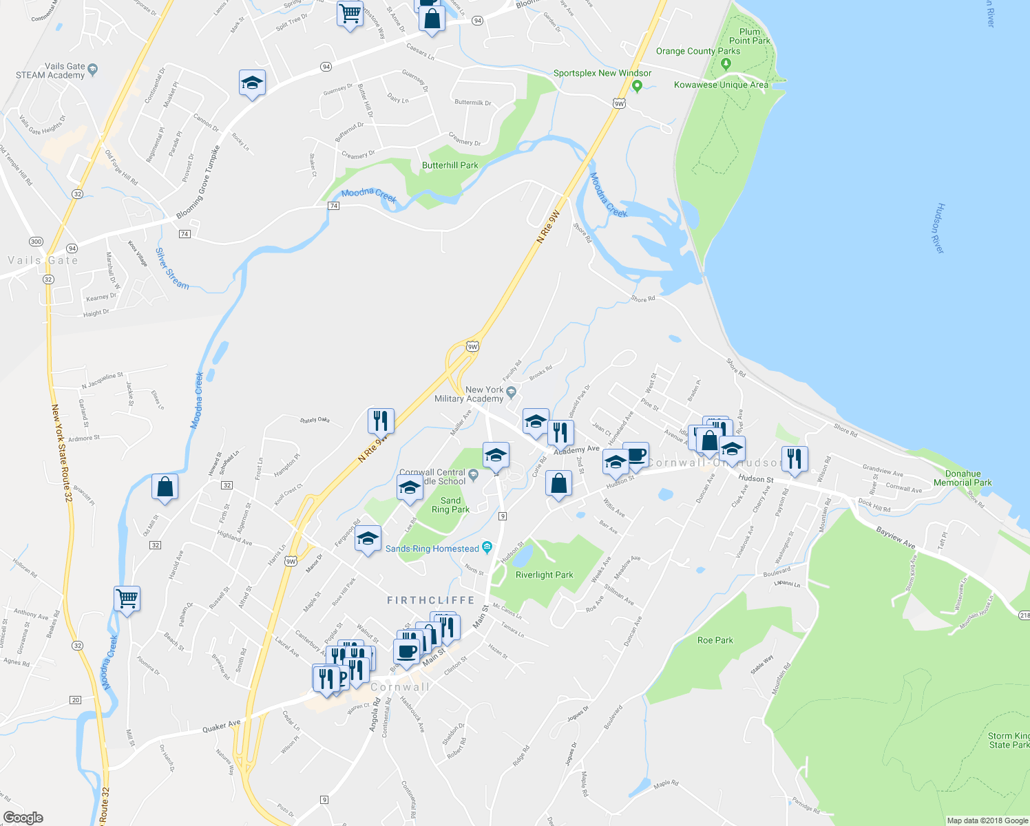 map of restaurants, bars, coffee shops, grocery stores, and more near 20 Aftab Road in Cornwall-on-Hudson