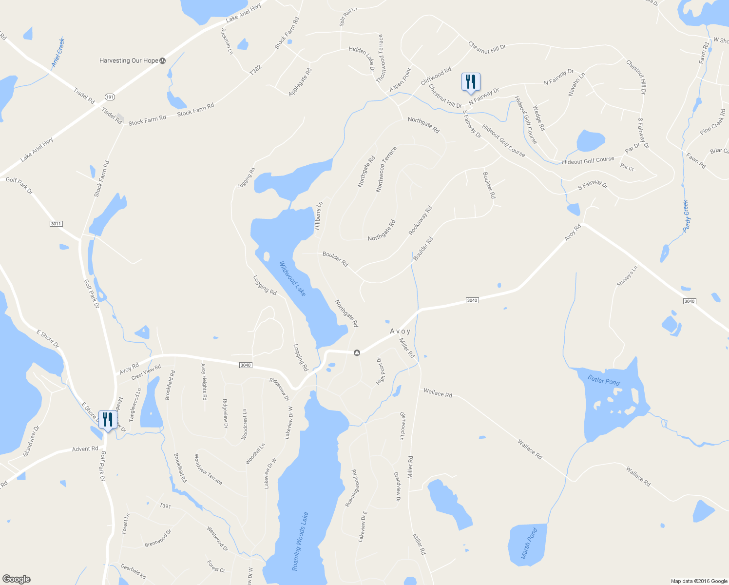 map of restaurants, bars, coffee shops, grocery stores, and more near 2616 Boulder Court in Wayne County