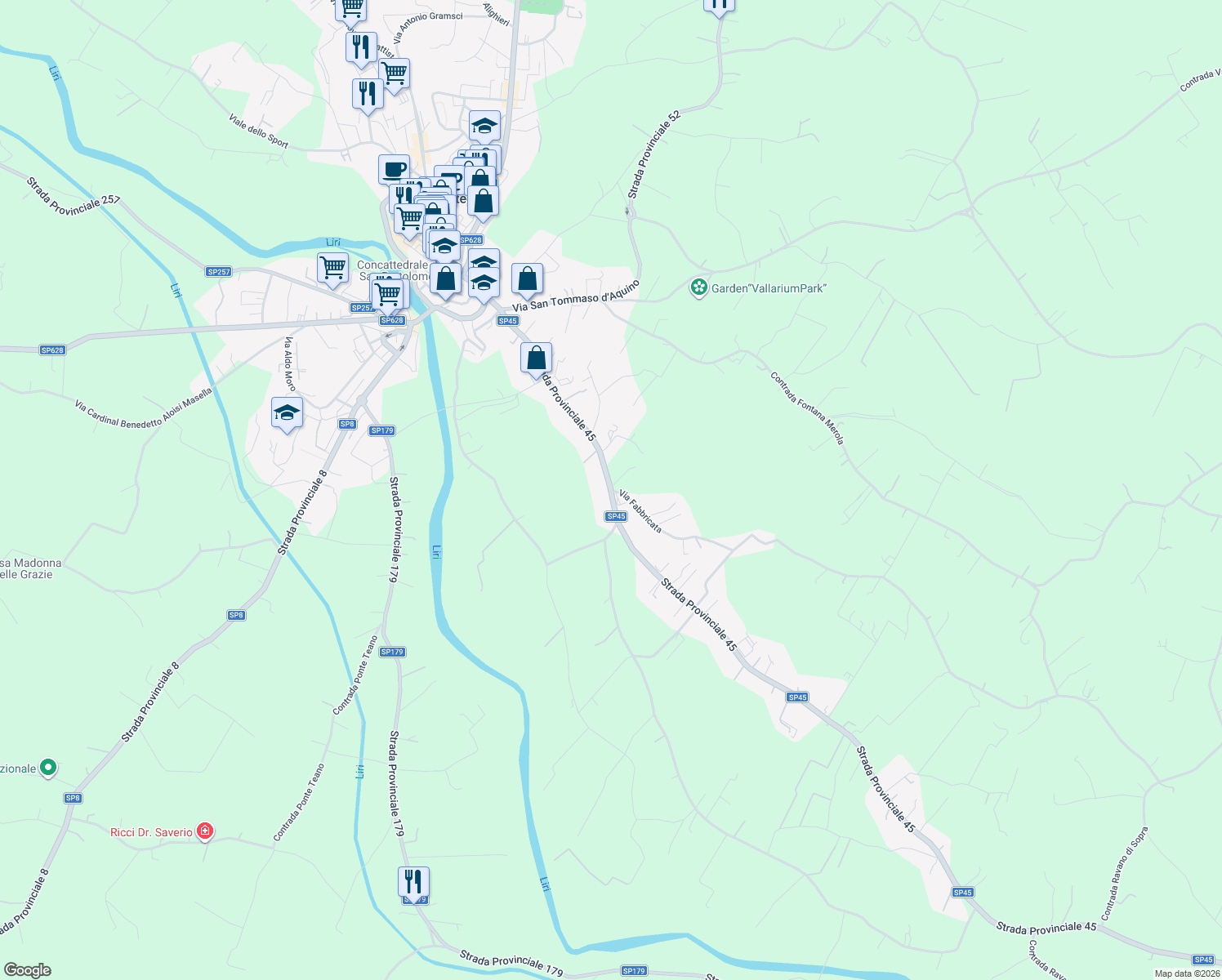 map of restaurants, bars, coffee shops, grocery stores, and more near Strada Provinciale 45 in Pontecorvo