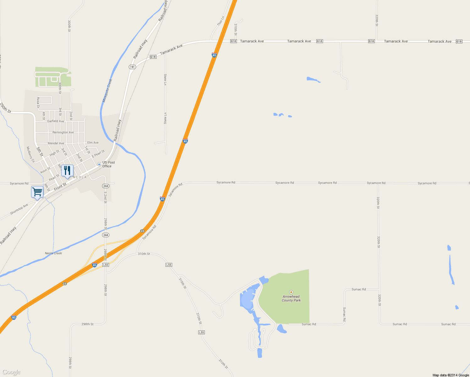 map of restaurants, bars, coffee shops, grocery stores, and more near 30991 Sycamore Road in Neola