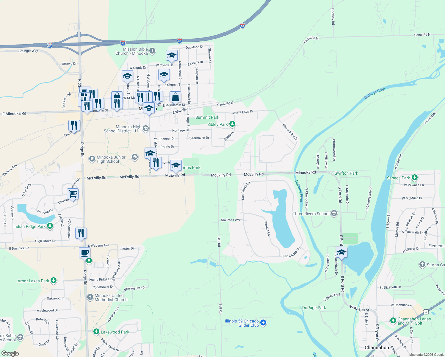 map of restaurants, bars, coffee shops, grocery stores, and more near 101 El Dorado Court in Minooka