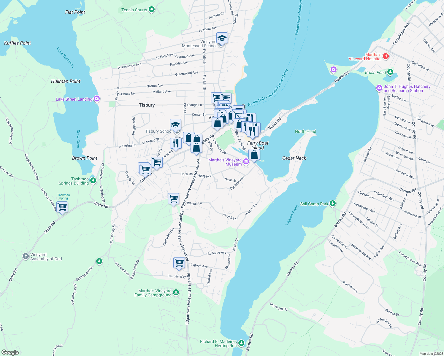 map of restaurants, bars, coffee shops, grocery stores, and more near 11 Davis Street in Tisbury