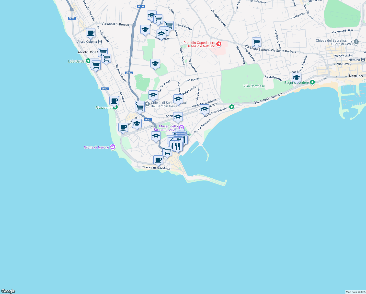 map of restaurants, bars, coffee shops, grocery stores, and more near 18 Via Luciano Manara in Anzio