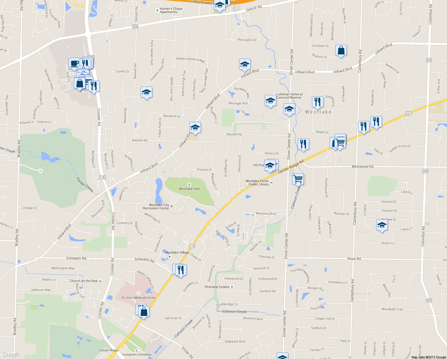 map of restaurants, bars, coffee shops, grocery stores, and more near 2780 Northglen Drive in Westlake