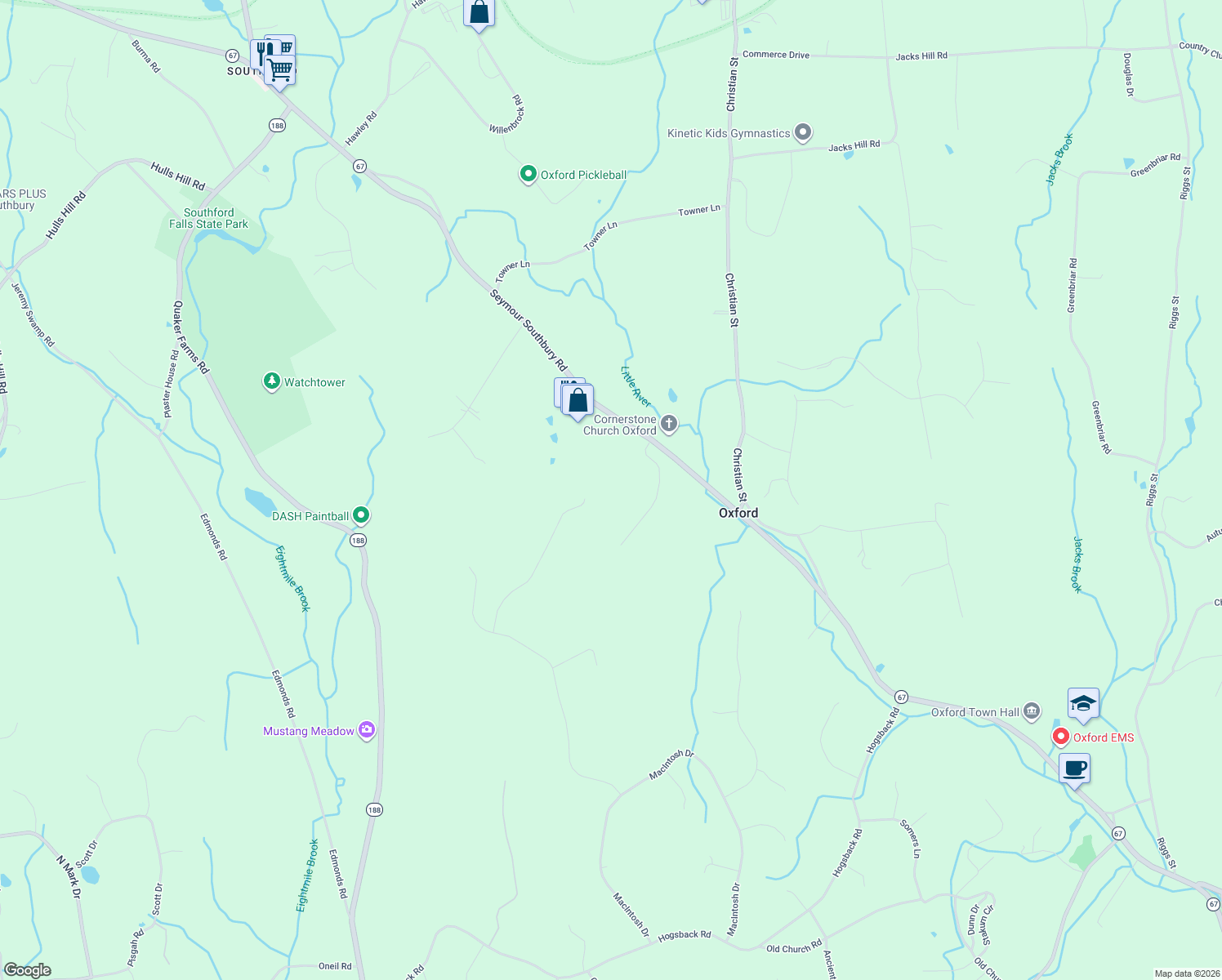 map of restaurants, bars, coffee shops, grocery stores, and more near 24 Deerwood Road in Oxford