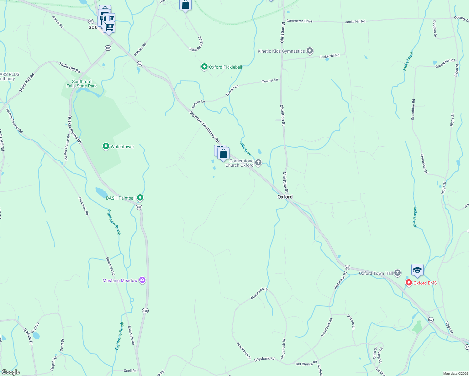 map of restaurants, bars, coffee shops, grocery stores, and more near 24 Deerwood Road in Oxford