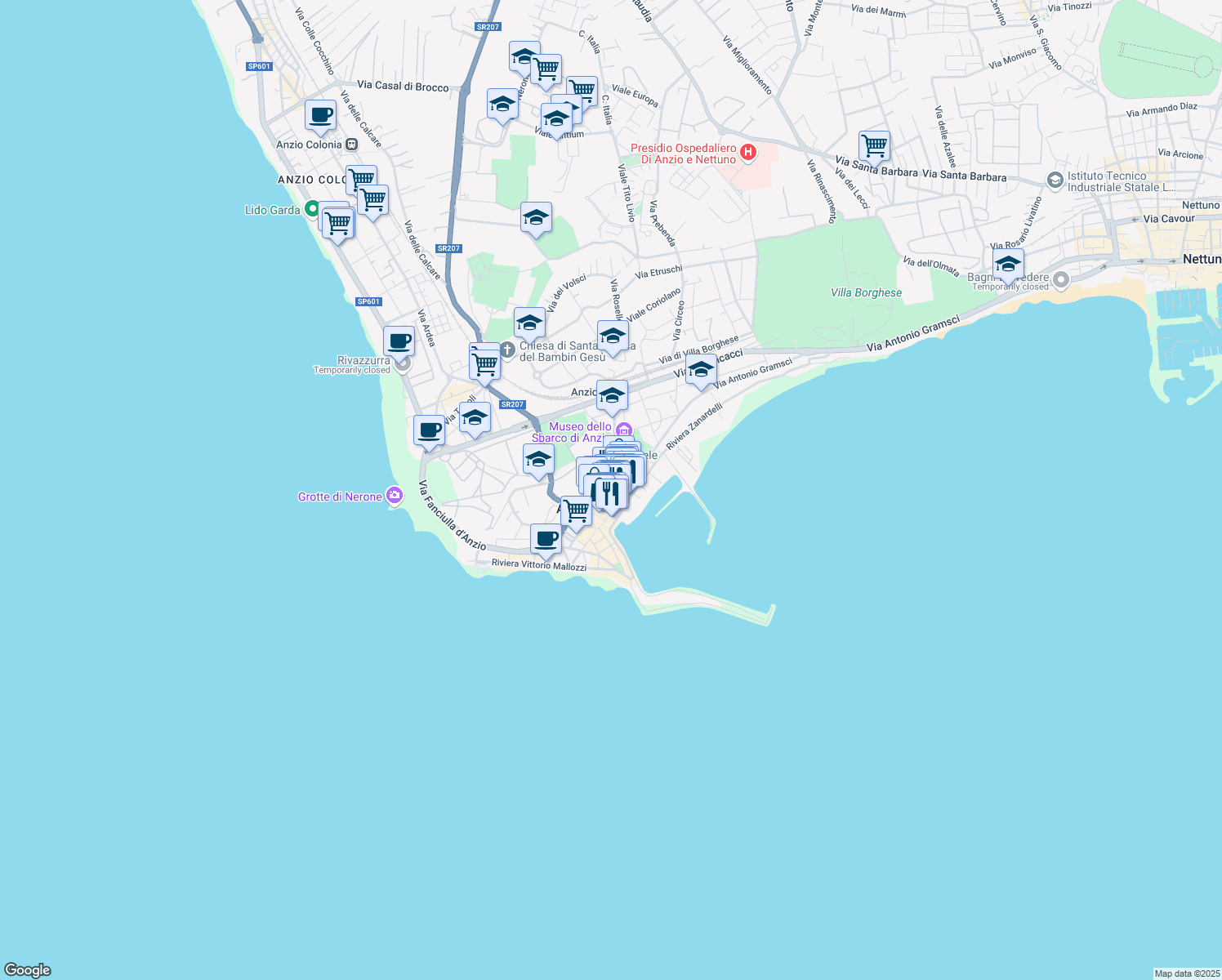 map of restaurants, bars, coffee shops, grocery stores, and more near 18 Via Luciano Manara in Anzio
