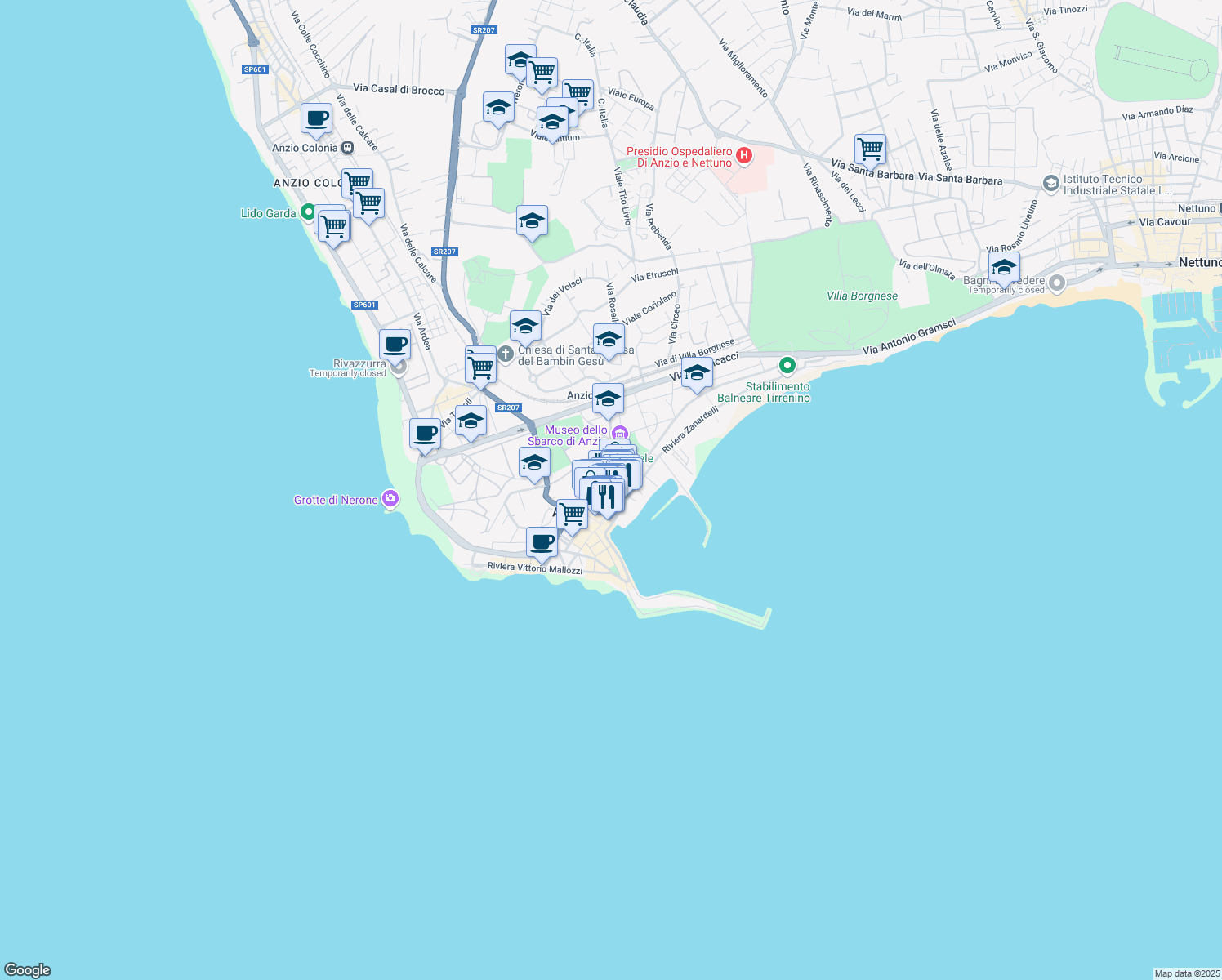 map of restaurants, bars, coffee shops, grocery stores, and more near 18 Via Luciano Manara in Anzio