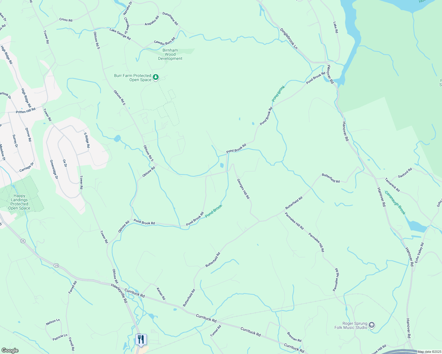 map of restaurants, bars, coffee shops, grocery stores, and more near 47 Pond Brook Road in Newtown