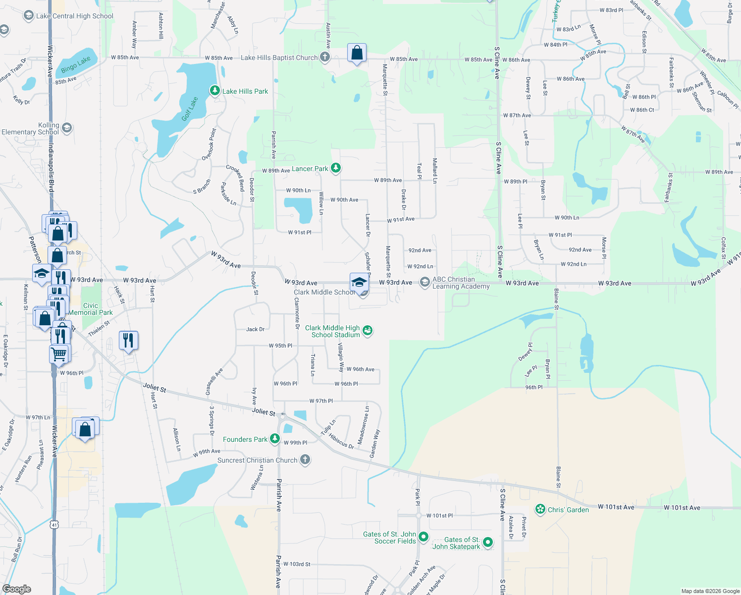 map of restaurants, bars, coffee shops, grocery stores, and more near 8915 W 93rd Ave in St John