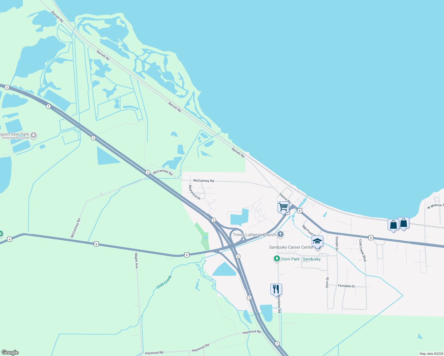 map of restaurants, bars, coffee shops, grocery stores, and more near 5433 McCartney Rd in Sandusky
