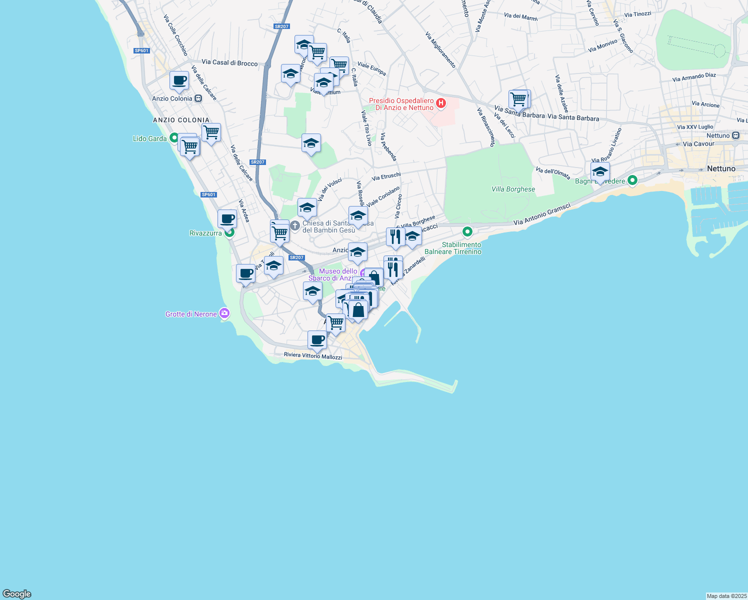 map of restaurants, bars, coffee shops, grocery stores, and more near 68 Via Antonio Gramsci in Anzio