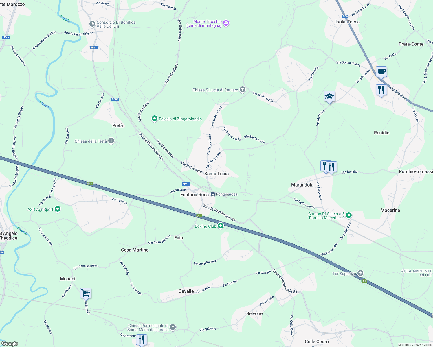map of restaurants, bars, coffee shops, grocery stores, and more near in Santa Lucia