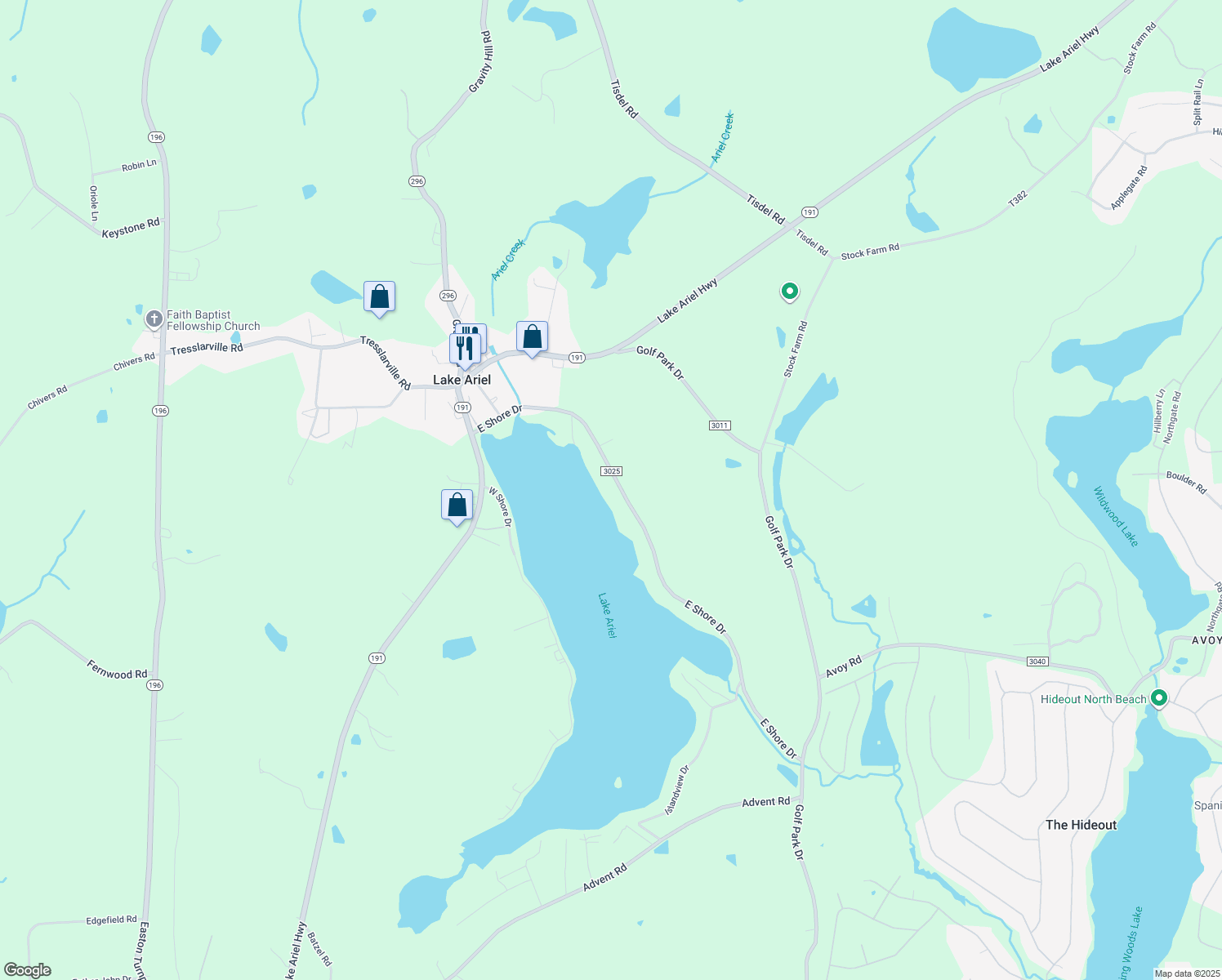 map of restaurants, bars, coffee shops, grocery stores, and more near 285 E Shore Dr in Wayne