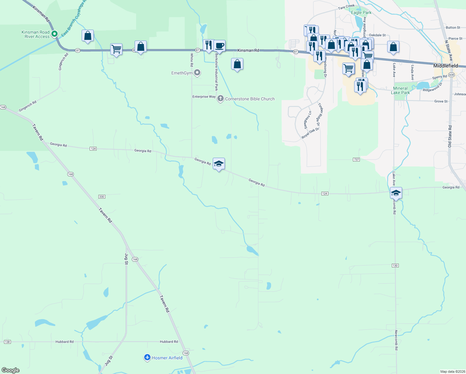 map of restaurants, bars, coffee shops, grocery stores, and more near 15085 Georgia Road in Middlefield