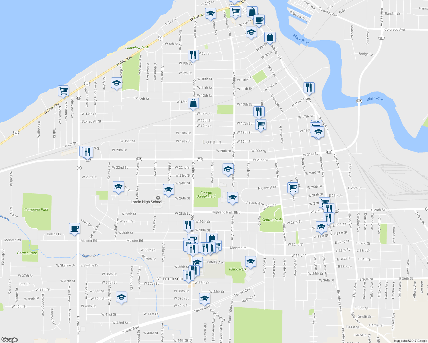map of restaurants, bars, coffee shops, grocery stores, and more near 1061 West 22nd Street in Lorain