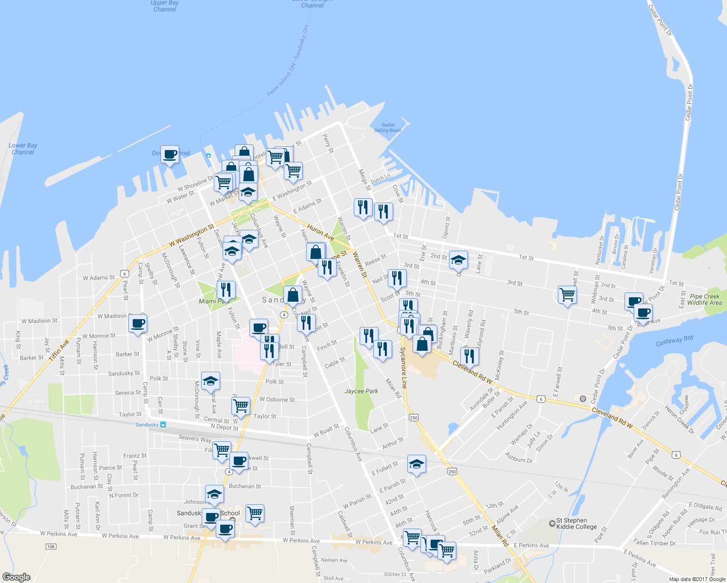 map of restaurants, bars, coffee shops, grocery stores, and more near 414 Neil St in Sandusky