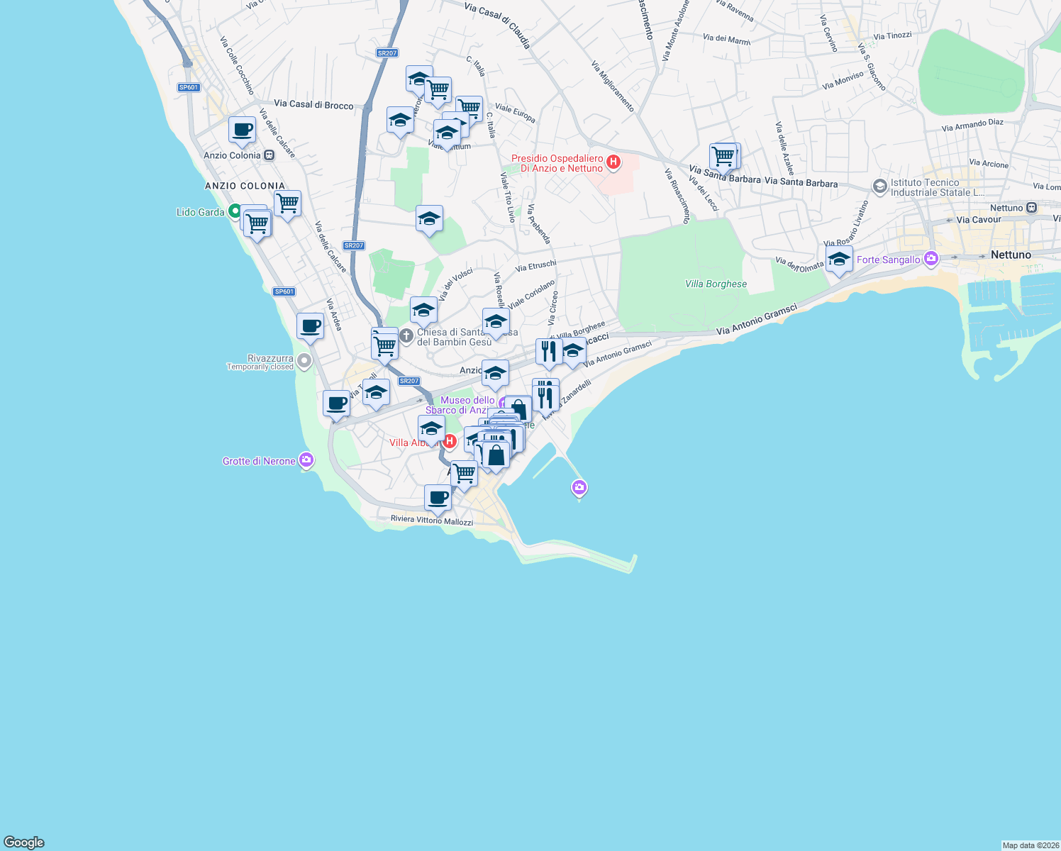 map of restaurants, bars, coffee shops, grocery stores, and more near 68 Via Antonio Gramsci in Anzio