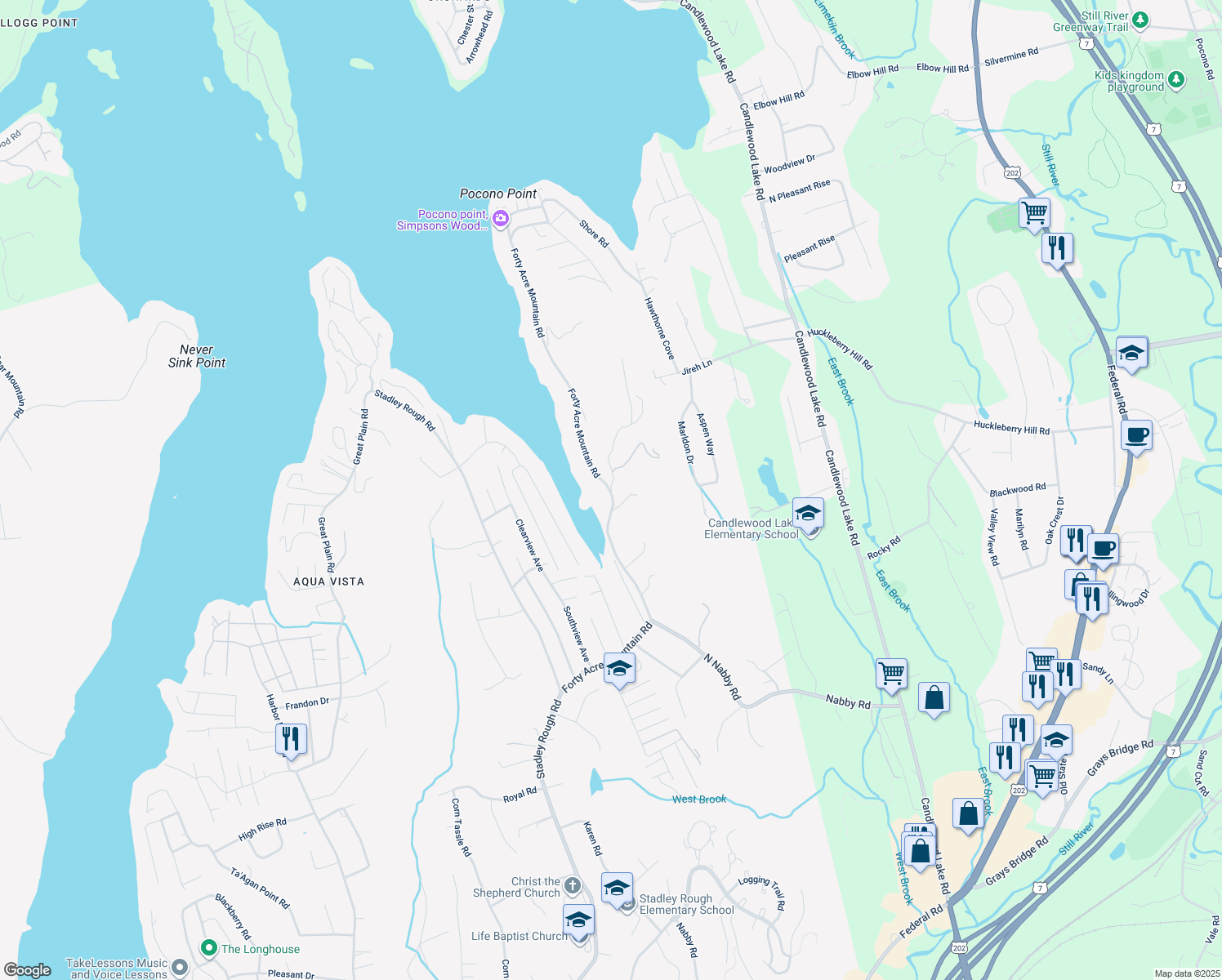 map of restaurants, bars, coffee shops, grocery stores, and more near 18 Old Forty Acre Mountain Road in Danbury