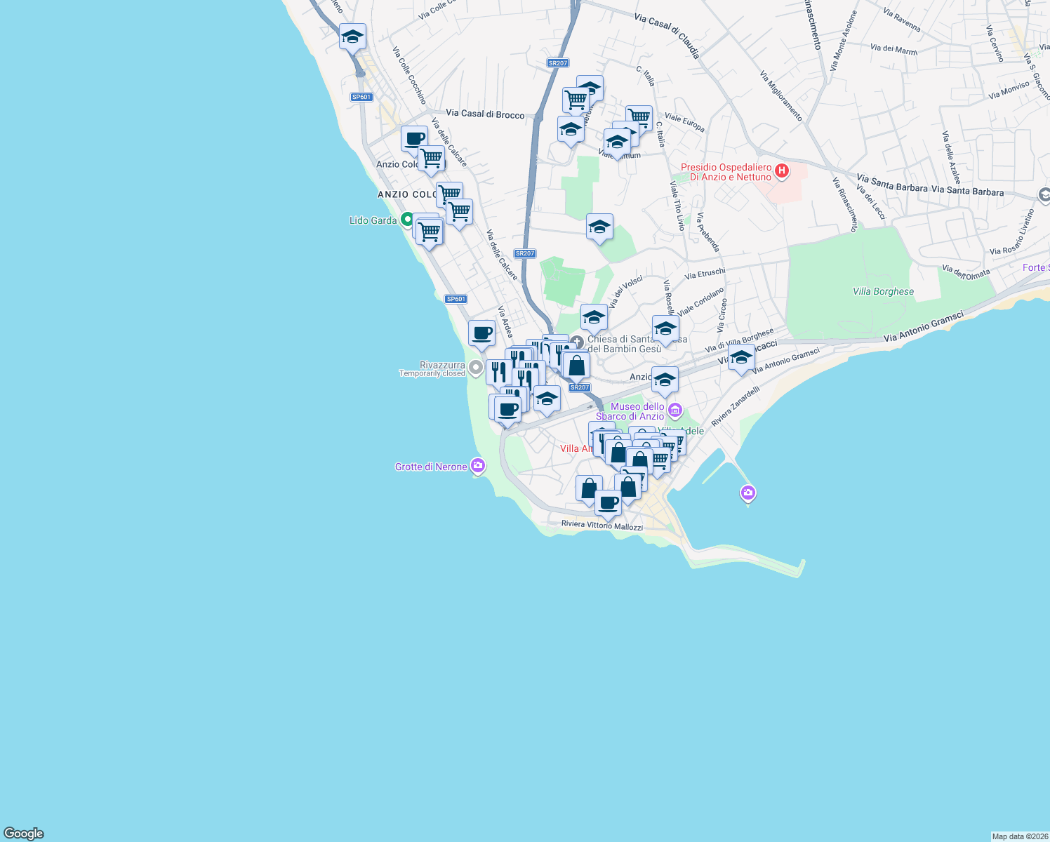 map of restaurants, bars, coffee shops, grocery stores, and more near 1B Viale Severiano in Anzio