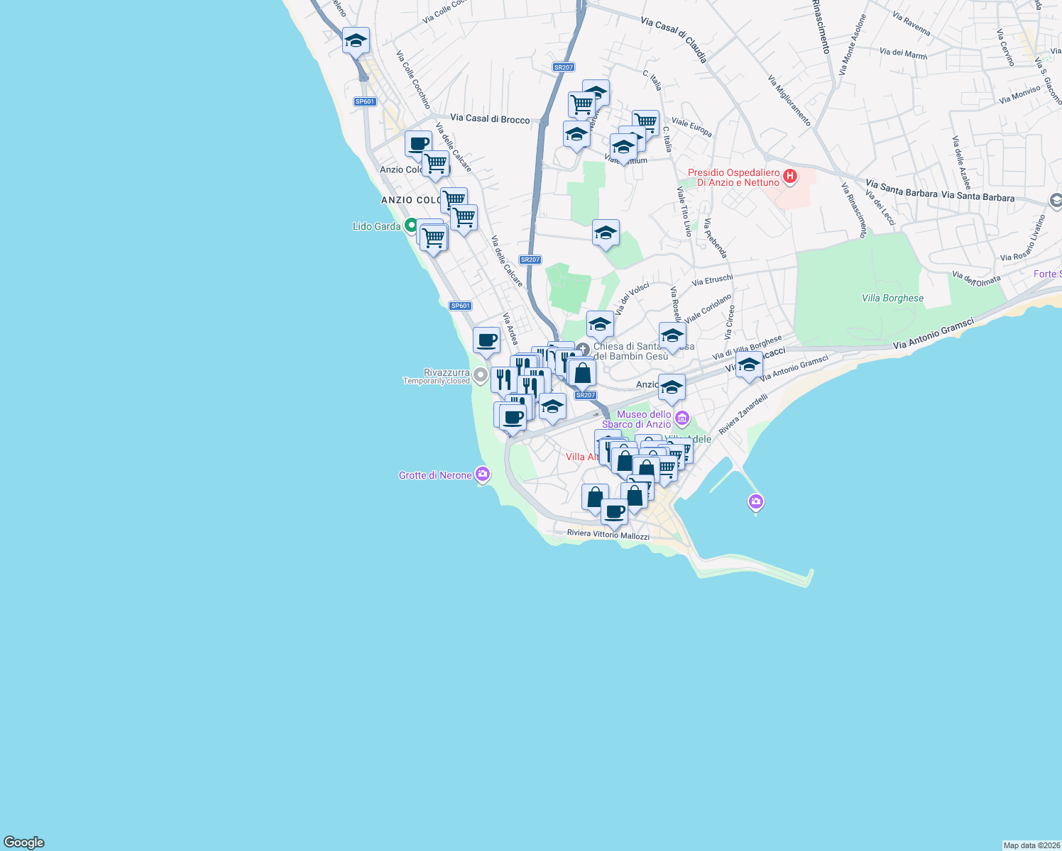 map of restaurants, bars, coffee shops, grocery stores, and more near 1B Viale Severiano in Anzio