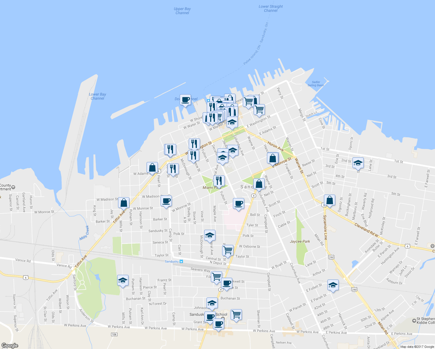 map of restaurants, bars, coffee shops, grocery stores, and more near 532 Central Avenue in Sandusky