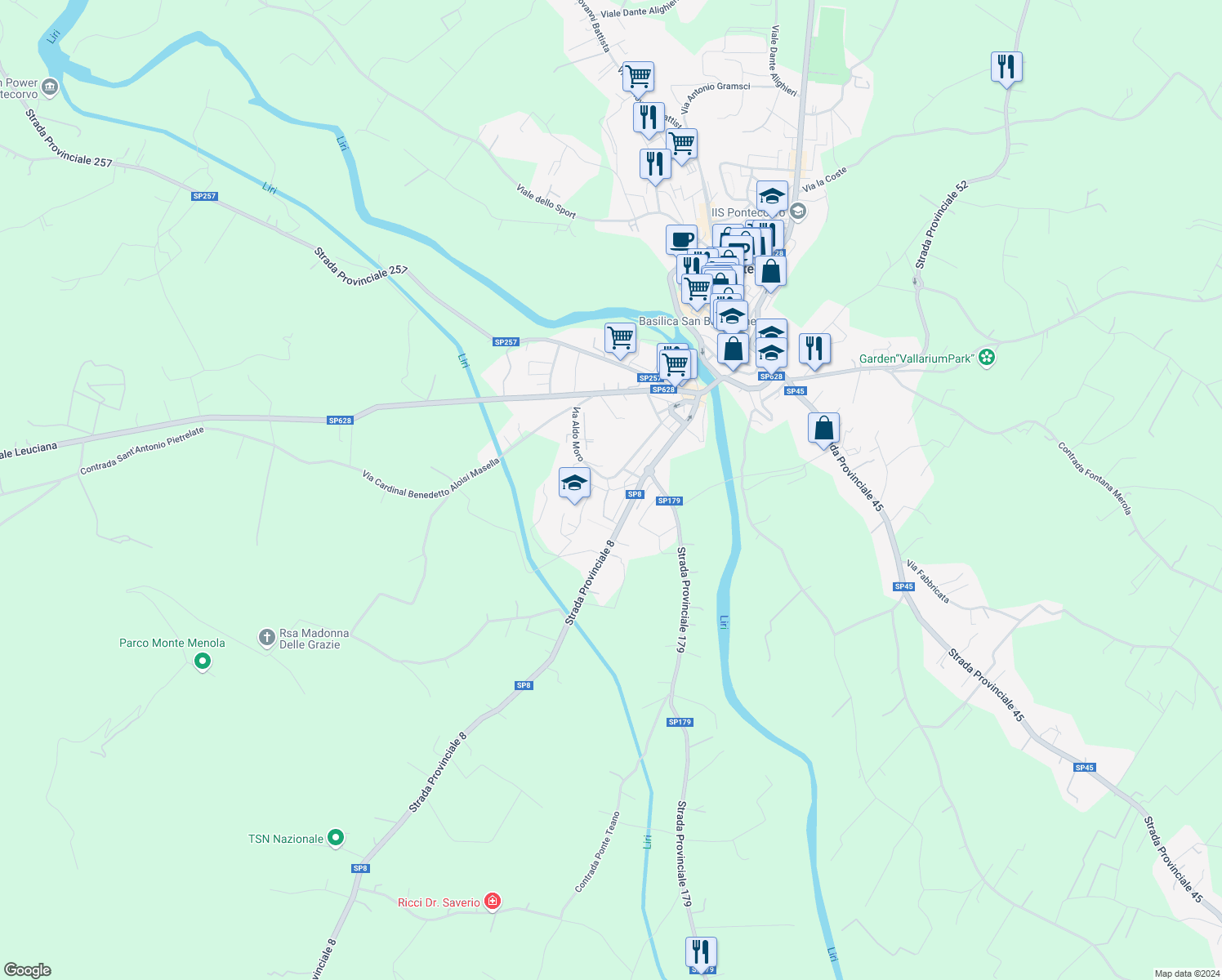 map of restaurants, bars, coffee shops, grocery stores, and more near 172 Via Aldo Moro in Pontecorvo