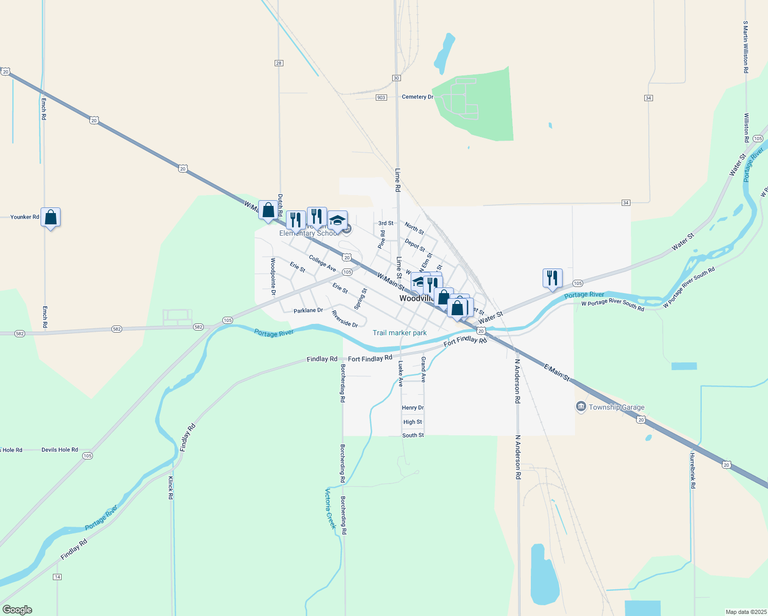 map of restaurants, bars, coffee shops, grocery stores, and more near 418 Erie St in Woodville