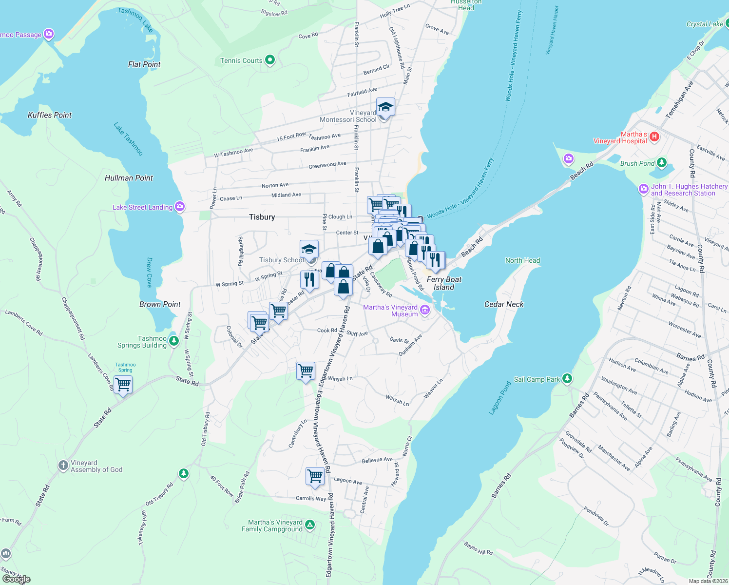 map of restaurants, bars, coffee shops, grocery stores, and more near 40 Delano Road in Tisbury