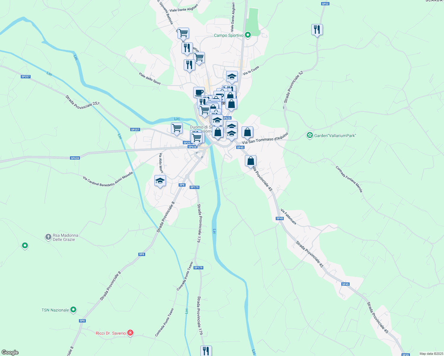 map of restaurants, bars, coffee shops, grocery stores, and more near Via Tre Fontane in Pontecorvo