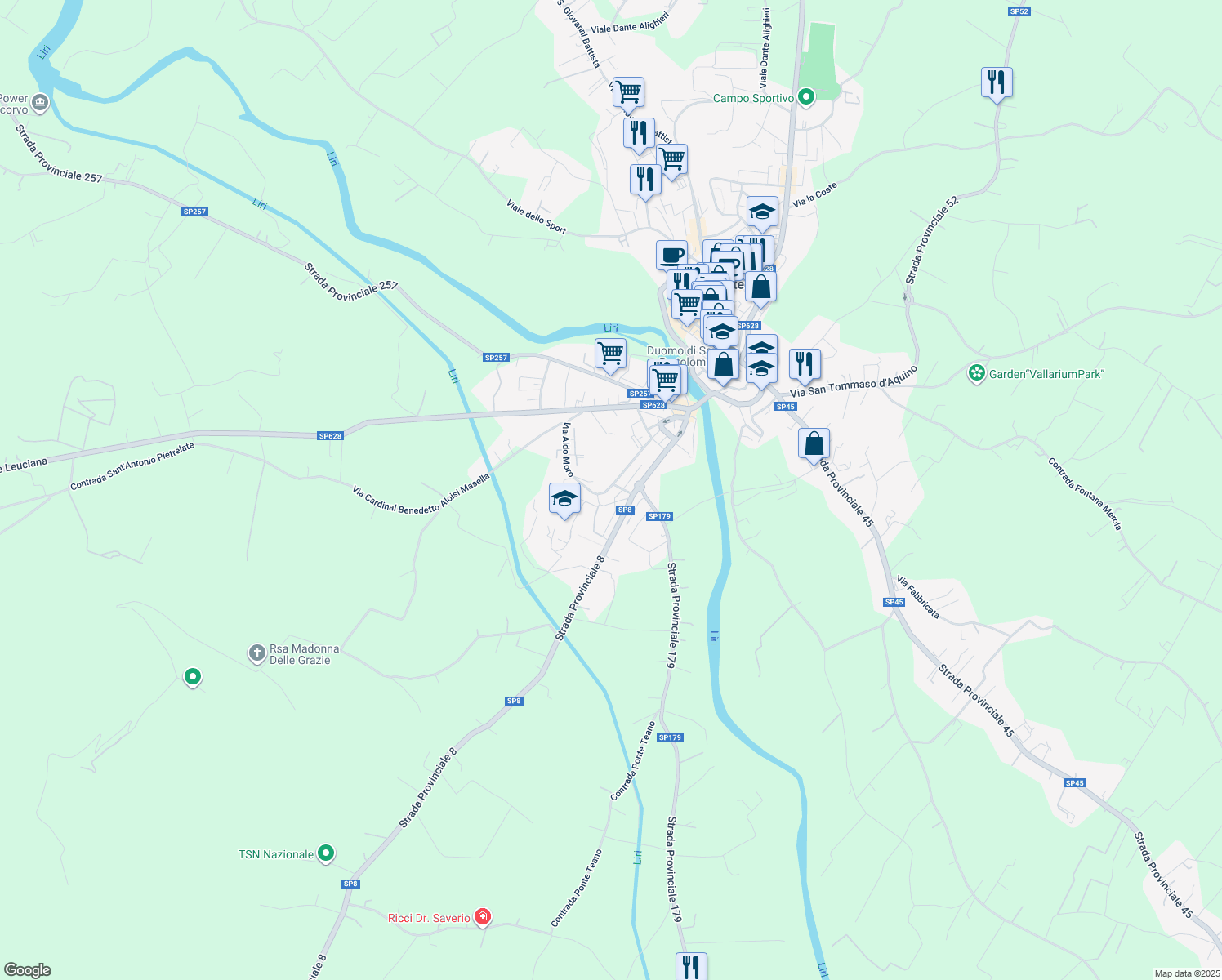 map of restaurants, bars, coffee shops, grocery stores, and more near 172 Via Aldo Moro in Pontecorvo