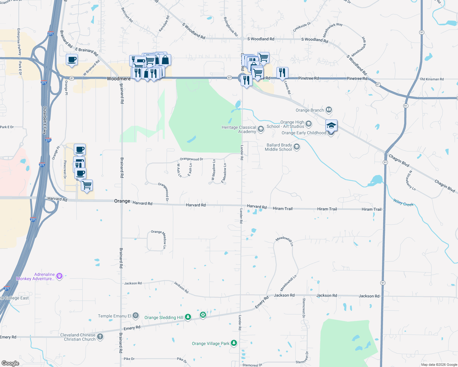 map of restaurants, bars, coffee shops, grocery stores, and more near 4015 Dogwood Cir in Beachwood