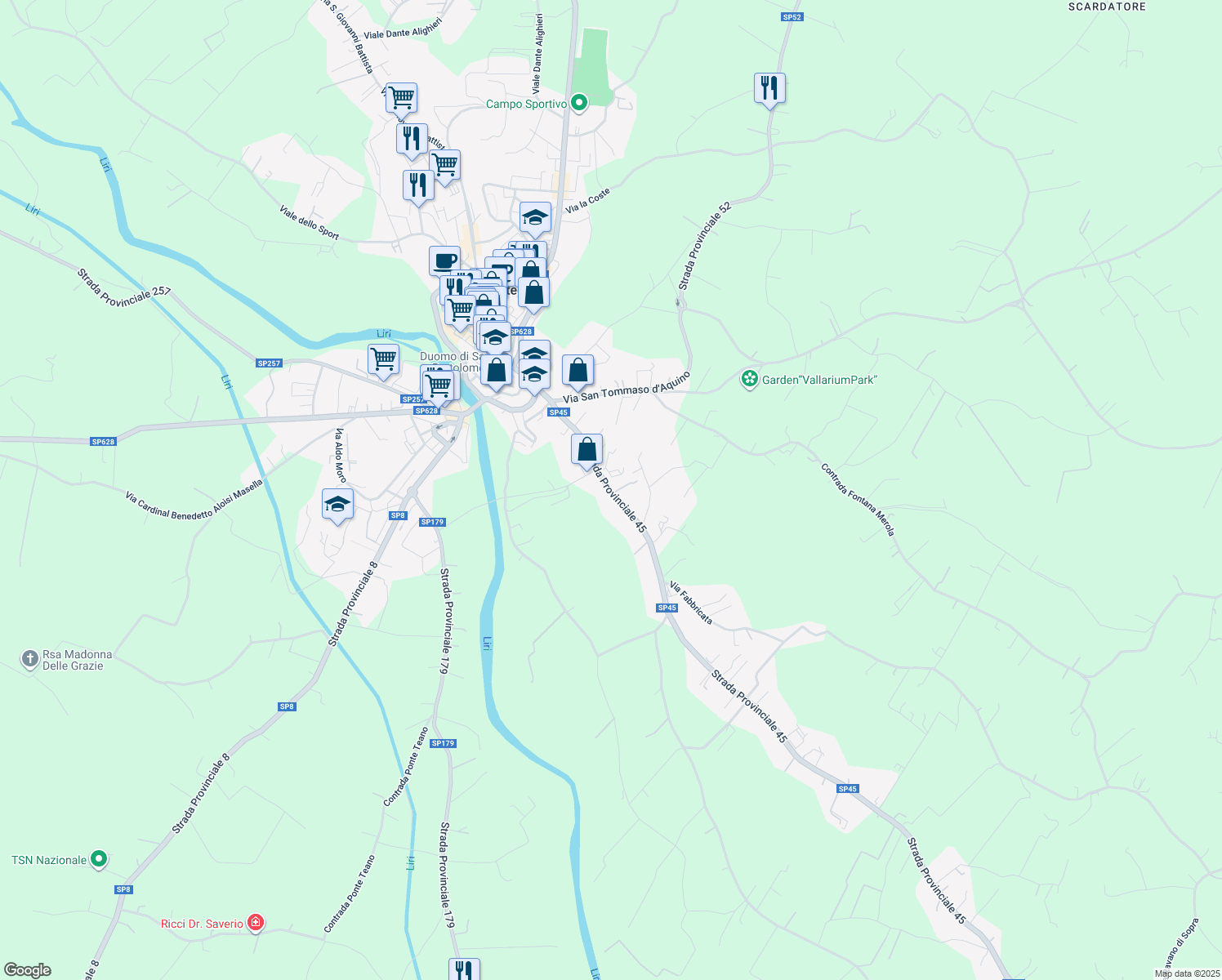 map of restaurants, bars, coffee shops, grocery stores, and more near snc Via Tre Fontane in Pontecorvo