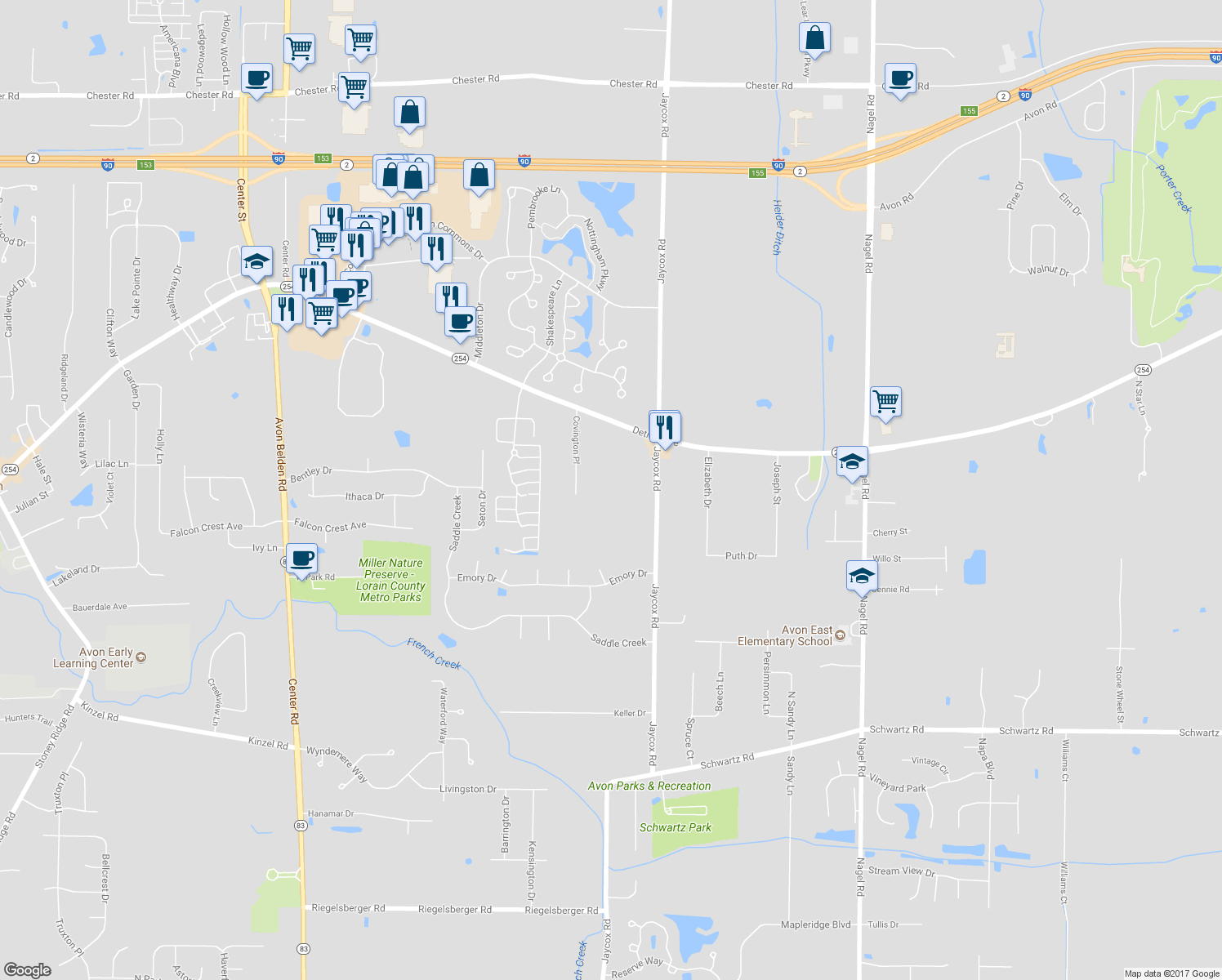 map of restaurants, bars, coffee shops, grocery stores, and more near 2711 Palmer Lane in Avon