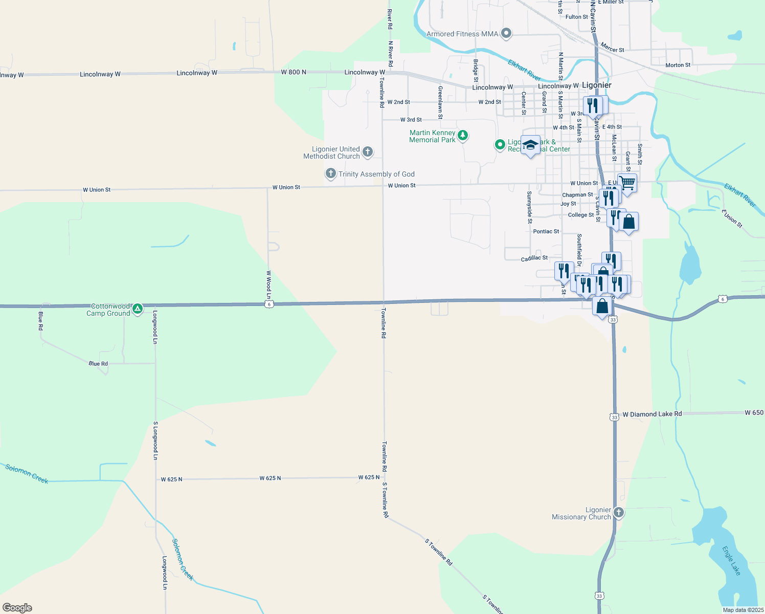 map of restaurants, bars, coffee shops, grocery stores, and more near 1402 North 950 West in Ligonier