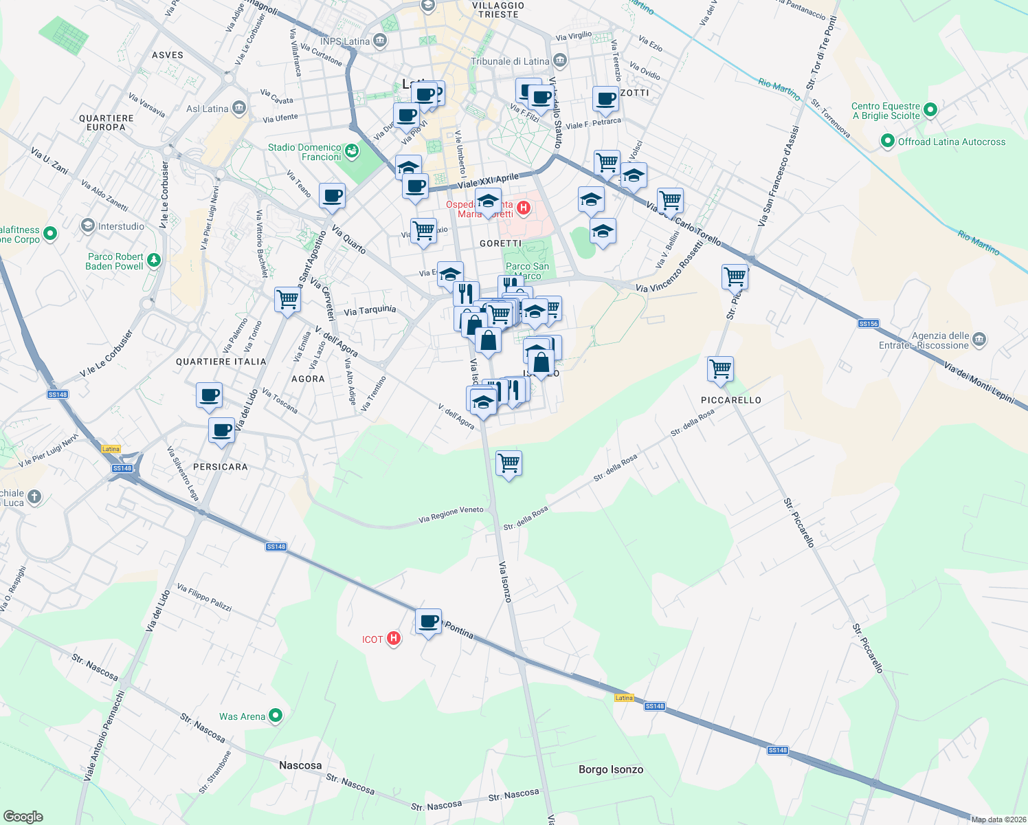 map of restaurants, bars, coffee shops, grocery stores, and more near 51 Via Don Luigi Sturzo in Latina