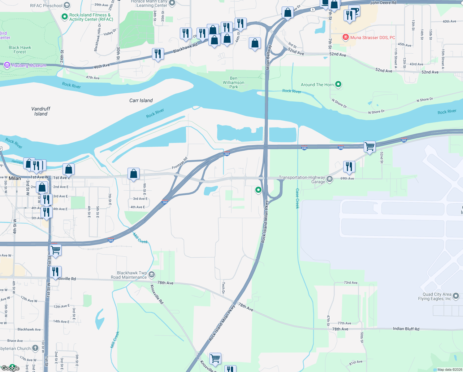 map of restaurants, bars, coffee shops, grocery stores, and more near 17th Street East in Milan