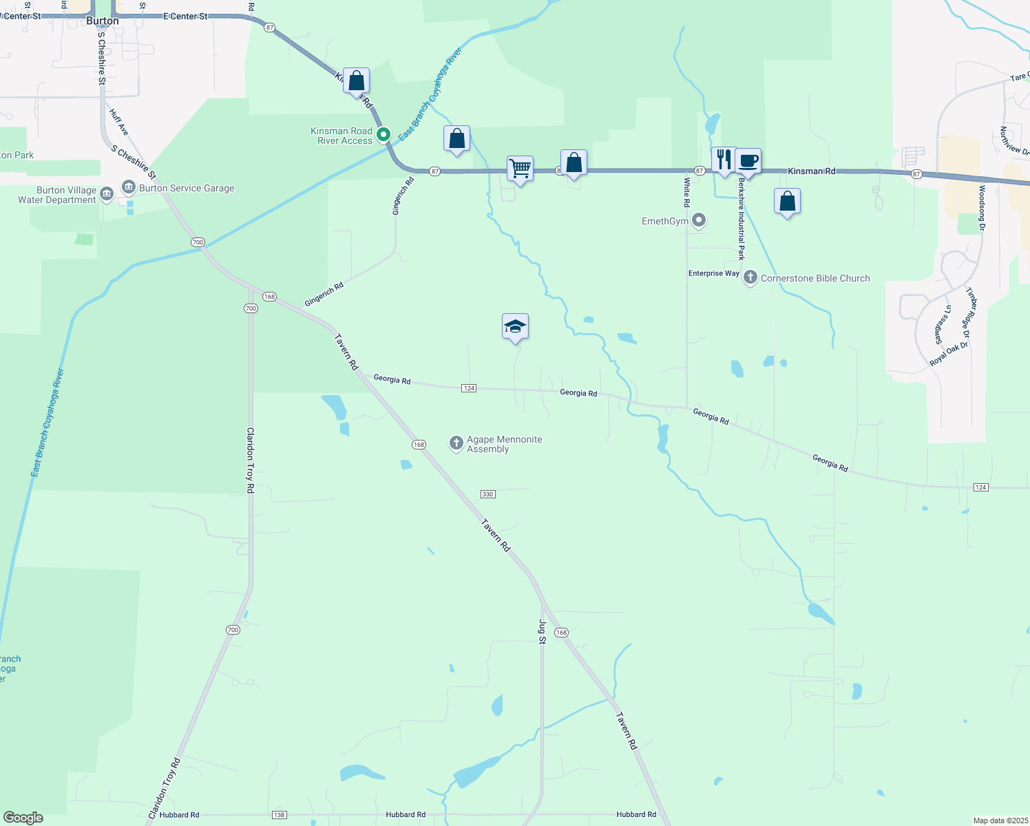 map of restaurants, bars, coffee shops, grocery stores, and more near 14615 Georgia Road in Middlefield