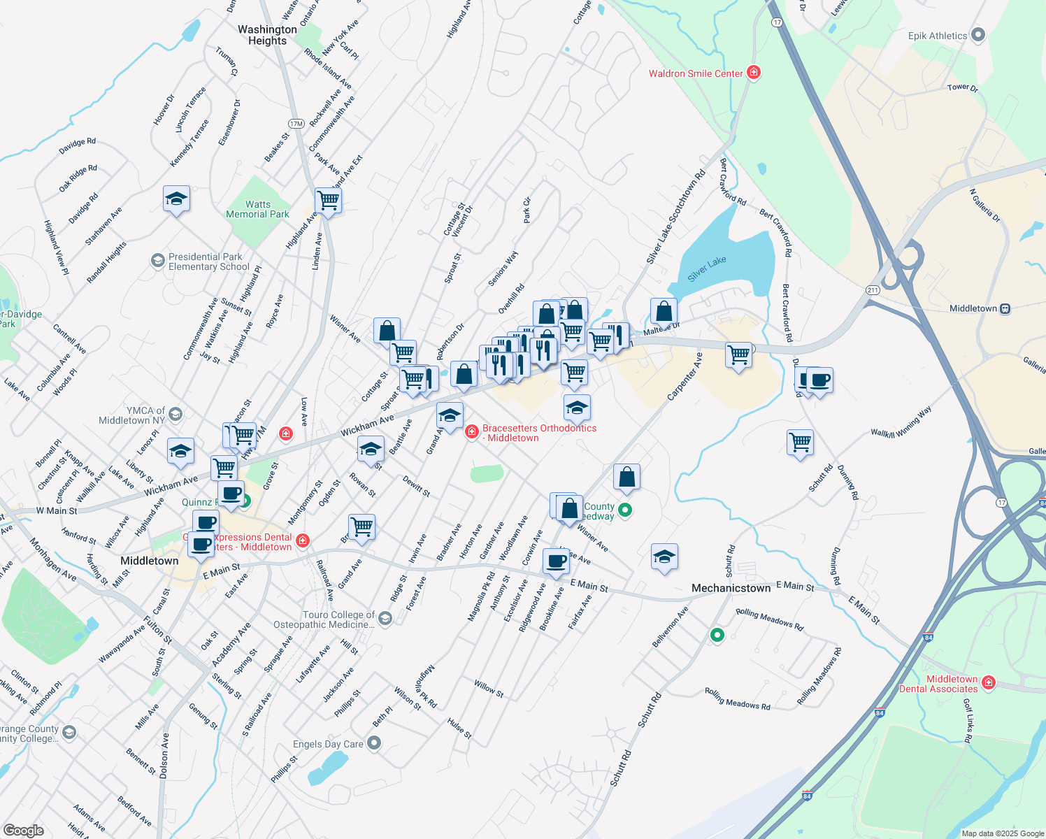 map of restaurants, bars, coffee shops, grocery stores, and more near 23 Stratton Avenue in Middletown