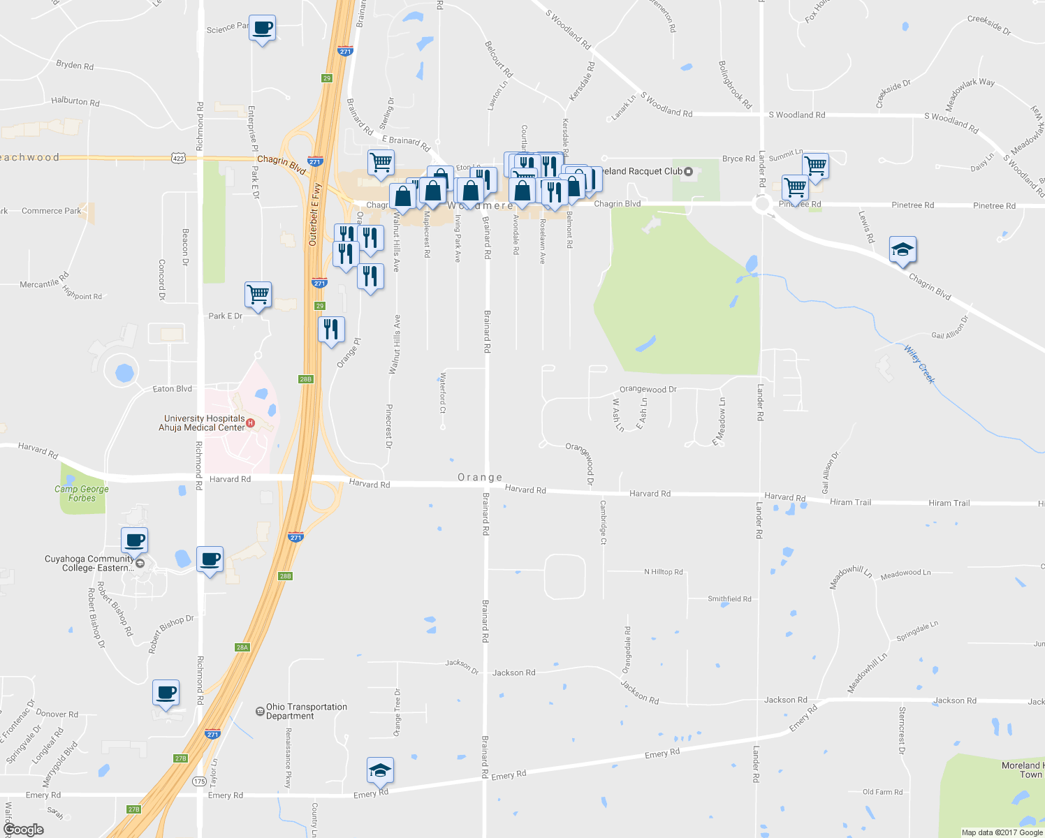 map of restaurants, bars, coffee shops, grocery stores, and more near 28455 Harvard Road in Beachwood