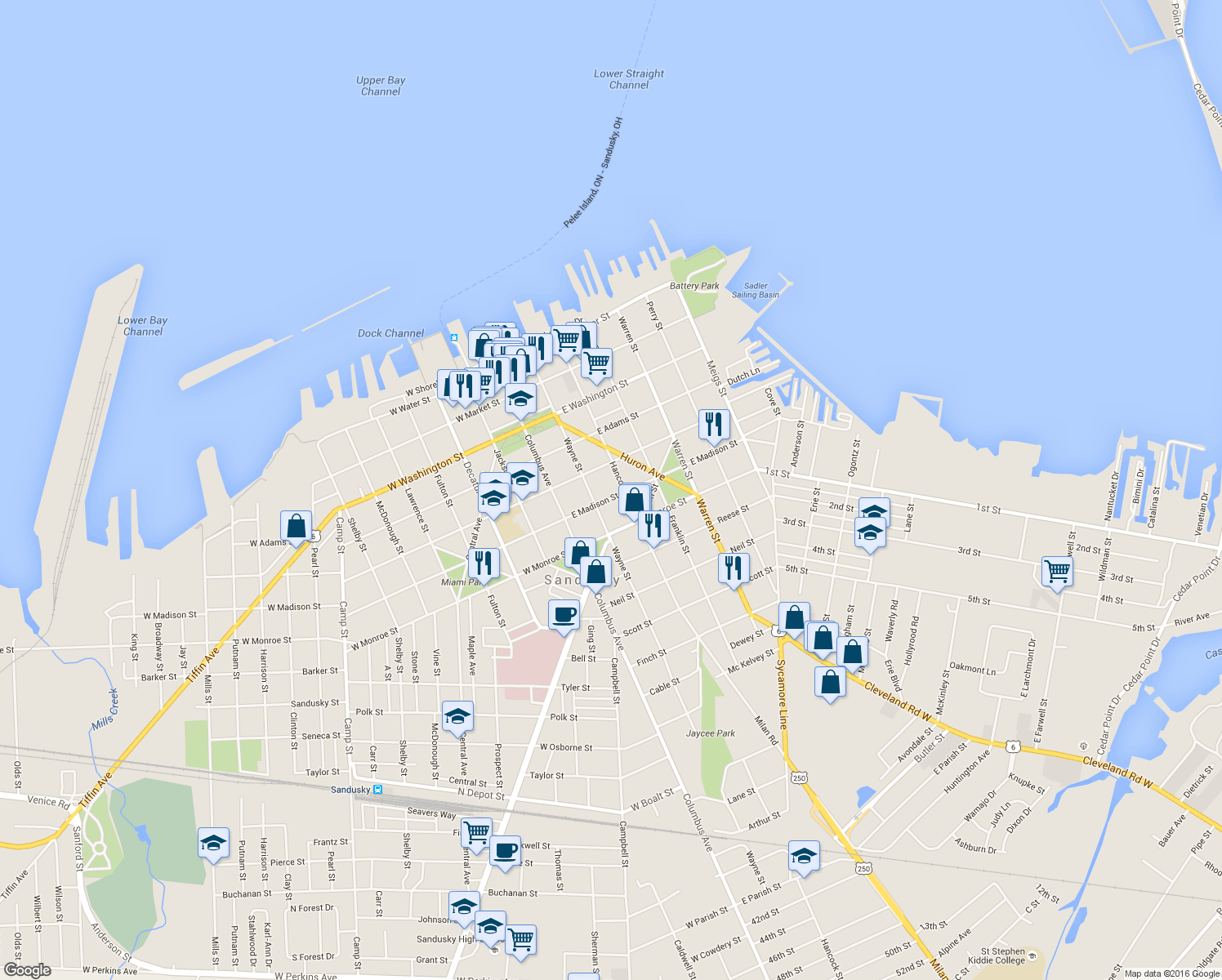 map of restaurants, bars, coffee shops, grocery stores, and more near 223 East Madison Street in Sandusky