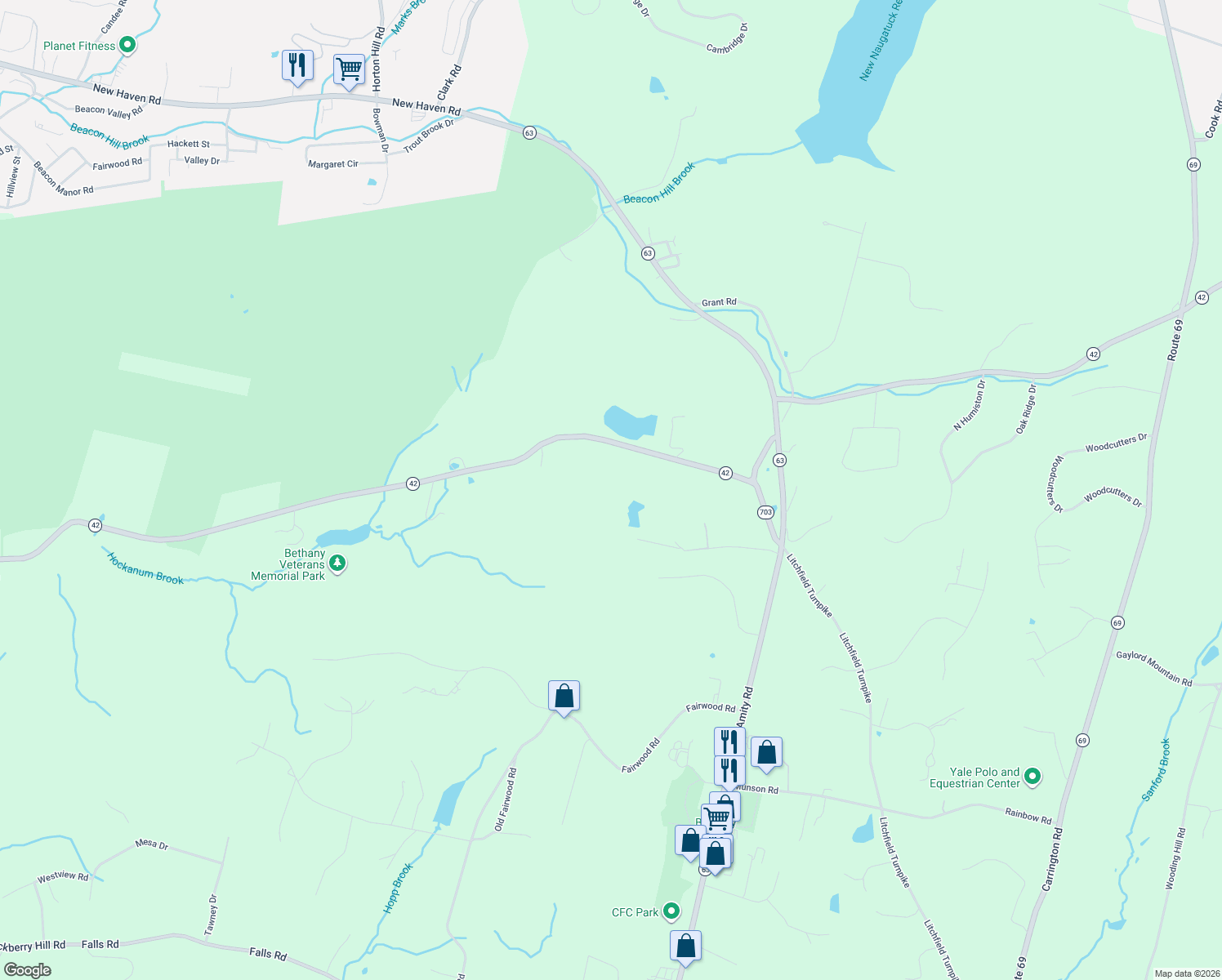 map of restaurants, bars, coffee shops, grocery stores, and more near 83 Beacon Road in Bethany